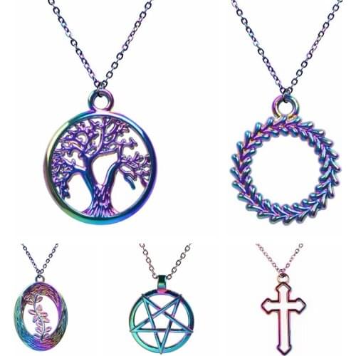 Round Pendant Necklace For Women Men Chain Tree Of Life Cross Necklaces 2021 Jewelry Womans Accessory Wreath Trendy Choker Neck
