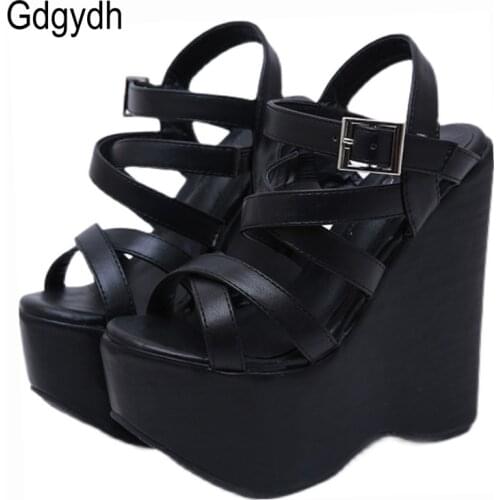 Gdgydh Height 16cm High Heels Platform Wedges Sandals Woman With Cross Straps Gothic Punk Style Gladiator Shoes Peep Toe On Sale