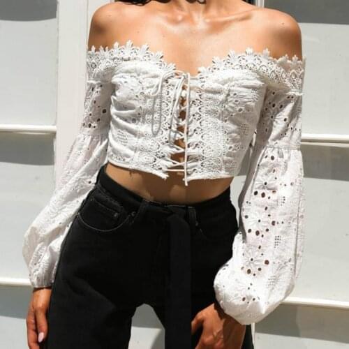 Lady Floral Lace Crop Solid Top Hollow Out Off Shoulder Long Puff Sleeve Crochet T Shirt Hollow Out Shirts Puff Sleeve 912-A307