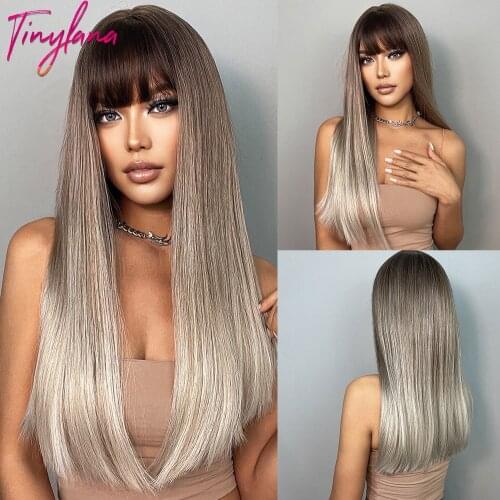 TINY LANA Long Silky Straight Wigs with Full Bangs Heat Resistant Synthetic Hair Dark Brown Blonde Highlight Wigs For Women
