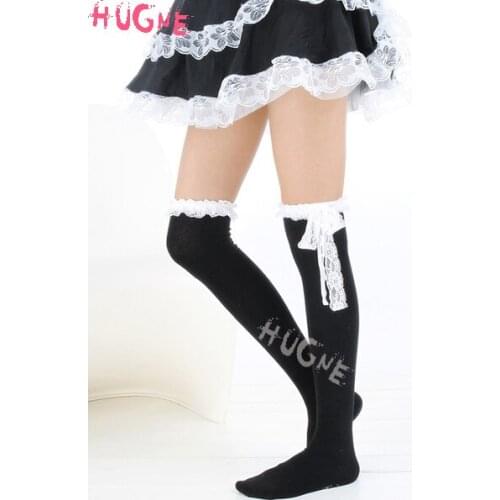 Sweet White Black Cotton Lolita stockings Knee High Socks Lace Trim Bow Decor