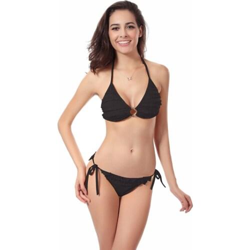 Ring Center Mini Ruffles Swimsuit Bikini Black 2020 Scruch Bottom Thong Crochet Bikini Swimwear Fully Lined Beach Bathing Suit