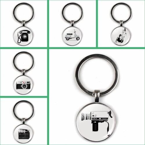 Fashion Retro Camera Keychain Bicycle Camera Glass Convex Round Pendant Key Ring Life Gift Souvenir Nostalgia Party Bag Charm