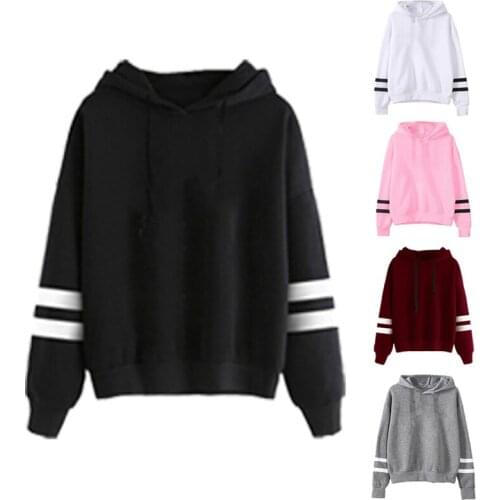 Fashion Women Hoody Sweatshirt Casual Loose Stripe Sleeves Pullover Girls Spring Autumn Solid Color Hoodies Clothes Femme