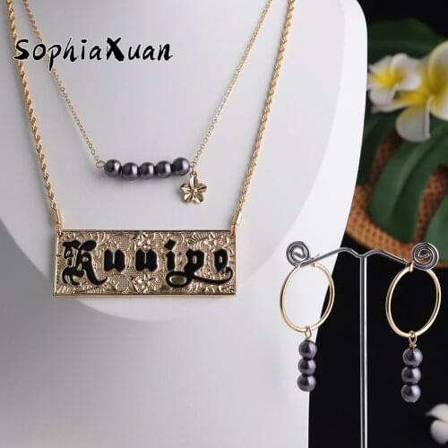 Fashion Jewelry Sets Polynesian Hawaiian Samoa Letter Double Chain Plumeria Pendants Pearl Earrings Necklaces Sets for Women New
