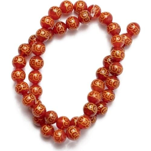 Natural Red Agates Stone Beads Copper Coins Pattern Round Loose Beads for Jewelry Making 8mm 10mm 12mm DIY Bracelet Necklace