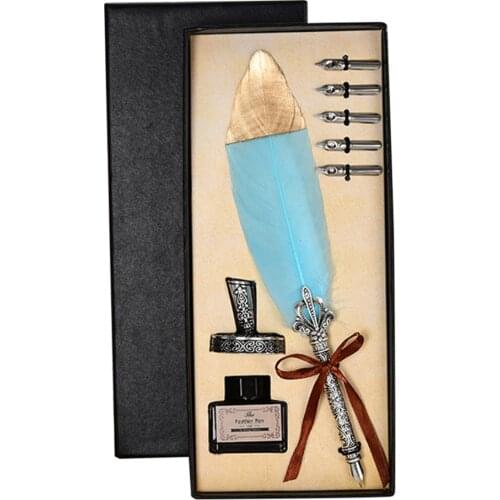 1 Set Vintage Calligraphy Feather Dip Pen 2/5 Nib Writing Ink Quill Fountain Pen Retro Stationery Wedding Gift 28x9x4cm