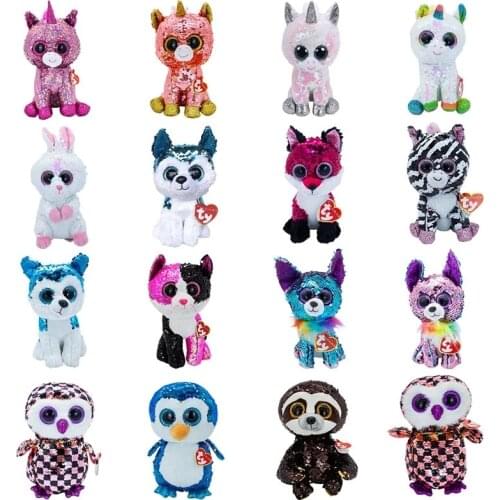 15cm Ty Big Eyes Flippables Sequined Plush Animal Doll Plush Cat Rabbit Unicorn Sheep Dinosaur Dog Toy Boy Girl Holiday Gifts
