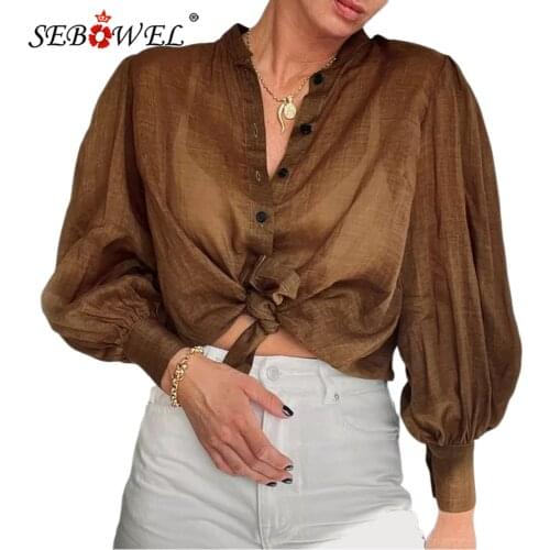 SEBOWEL Punk Style Loose Solid Color Woman 2021 Single Breasted Shirt Female Spring Autumn Casual Button V-Neck Vintage Tops S-L