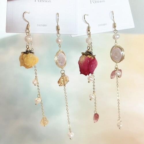 MWSONYA Fashion Flower Dangle Women Earrings Crystal Pearl Tassel Ear Hook Real Roses 2021 Trend Chain Earrings Pendientes