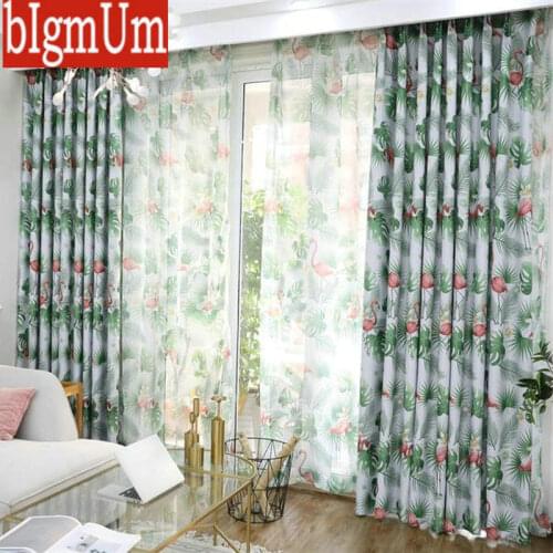 Flamingo Printed Blackout Curtains for Living Room Floral Leaves Shading Rate 90% Sunlight Block Drapes Green Blue Rideaux Tende