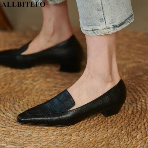 ALLBITEFO Genuine Leather Stone texture Thick Heels Party Women Shoes Women Heels Shoes Office Ladies Shoes sapato feminino
