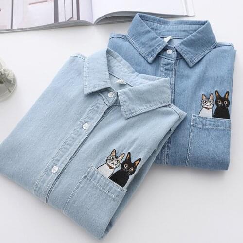 SEDUTMO Summer Denim Blouses Women Embroidery Oversize Shirt Spring Vintage Casual Long Sleeve Basic Top ED1563