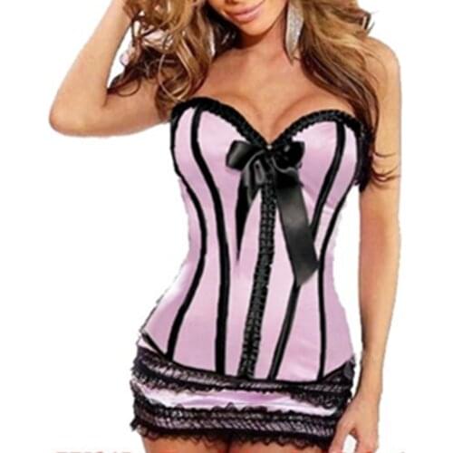 Women Push Up Sexy Corset Lingerie Pink Button Ruffle Tight Overbust Corsets Bow Plus Size Adult Corsets With Skirt