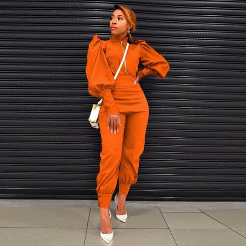 Simple Casual Two Piece Set Women Fashionable Sexy Eqaulet Puff Long Sleeve Zipper Jacket+stretch High Waist Trouser Female