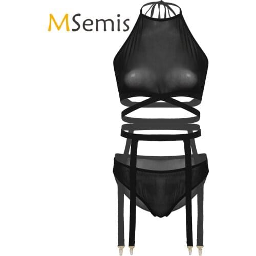 Womens See-through Mesh Erotic Sexy Lingerie Set Sheer Mesh Underwear Halter Lace-up Backless Crop Top with Briefs Garters