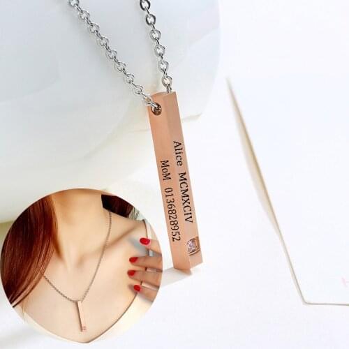 Women Engraved Vertical Bar Necklace With Pink Zircon Stainless Steel 4 Sides Dainty Custom Name Personalized Bridesmaid Gifts