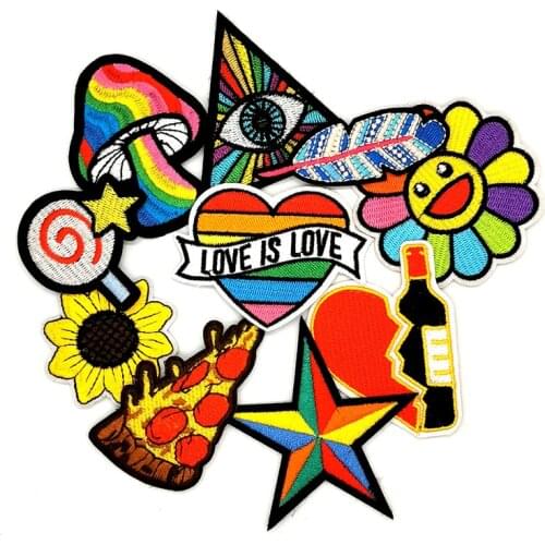 10 pcs colorful Cartoon Embroidered patches Rainbow Heart iron on Patch for Clothing Flowers Mushroon Stripe KID Clothes Badges
