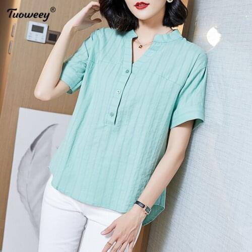 2021 New Summer Middle Aaged striped Women Korean office V-Neck Blouse Tops Female OL Print Fashion Loose Plus Size 4xl Shirt