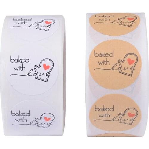 500PCS/Lot Stickers Paper Stationery School Supply 1 Inch Round Kraft Paper Thank You Hand Made With Love With Red Heart