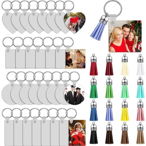 32Pcs Sublimation Blank Keychain Double-Side Printed Transfer Keychain DIY MDF Blank Keychain with 32Pcs PU Leather Tassel Jewel