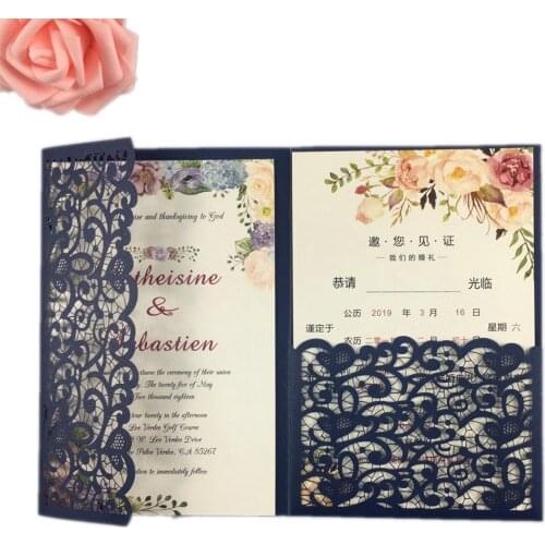 Free shipping pink glitter dark blue Burgundy hollow Laser Cut Tri-fold Gold/Ivory Flower pocket fold Wedding Invitation Cards