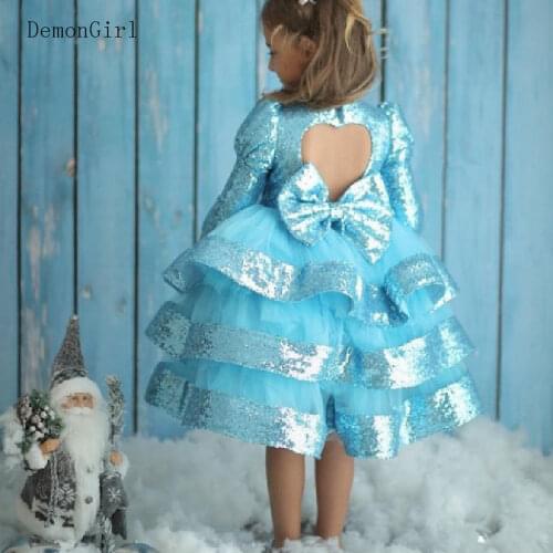 Sparkly Glitter Fluffy Flower Girl Dresses Princess Birthday Gowns Long Sleeve Girls Prom Celebration Dresses 1-14Y