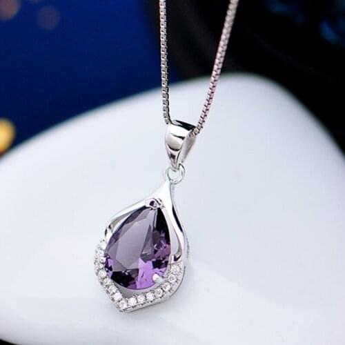 Ociki Silver Color Waterdrop CZ Purple Crystal Necklace Choker for Women Girls Gift Drop Shipping Jewelry Wholesale