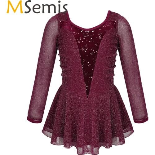 Kids Girls Figure Ice Skating Roller Skating Dress Shiny Stretchy Glitters Velvet Splice Gymnatics Ballet Leotard Dance Costume