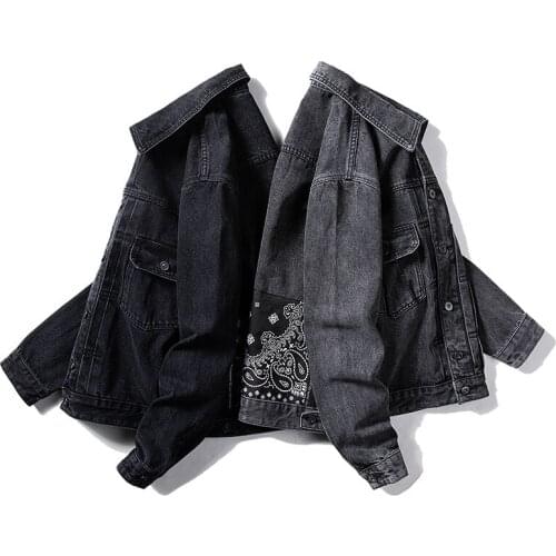 Mens Denim Jacket Tide Brand Cashew Flower Black Denim Jacket Mens Large Size 5XL Loose Top Denim Jacket