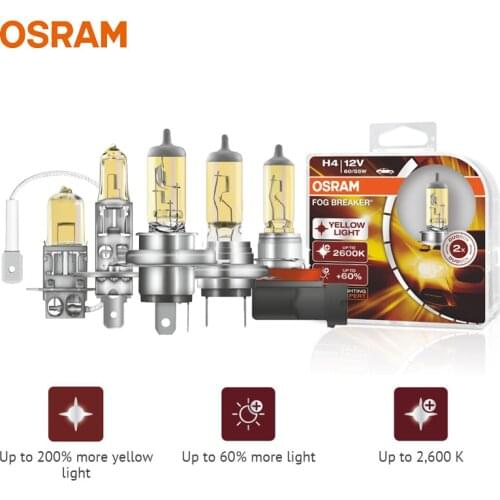 OSRAM H1 H3 H4 H7 H8 H11 H16 9005 9006 HB3 HB4 Yellow FBR Halogen Fog Breaker 12V Car Headlight 2600K Light +60% Brighter, Pair