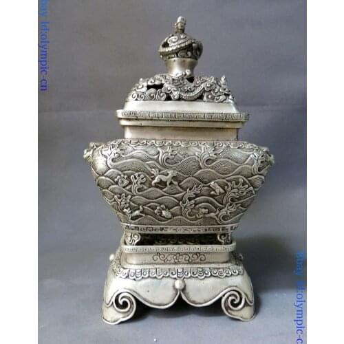10" China silver carved fine dragon censer water wave Incense Burner Statue