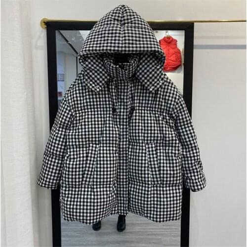 Plaid Hooded Women Puffer Jacket Casual Thicken Loose White Duck Down Winter Parkas Drawstring Long Sleeve Female Snowwear Coat