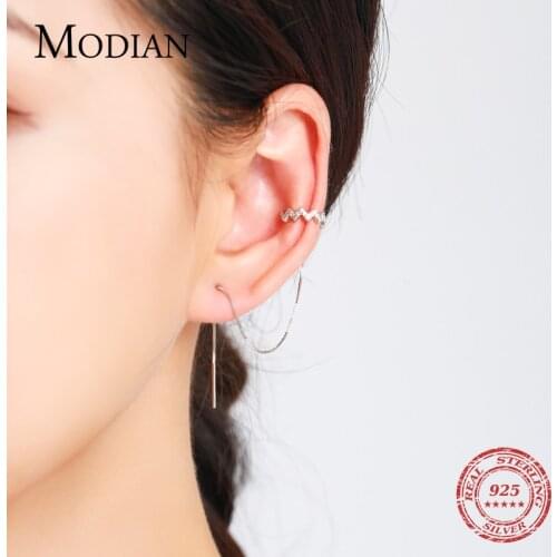 Modian Fashion Lightning Clear CZ Ear Cuff 100% 925 Sterling Silver Long Tassel Chain Clip Earrings For Women Girls Jewelry