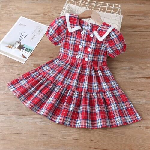 Summer Korean Girl Dresses 2-7 Years Old Kids Short Sleeved Cotton Retro Plaid Clothes High Quality Parent-child Party Dress