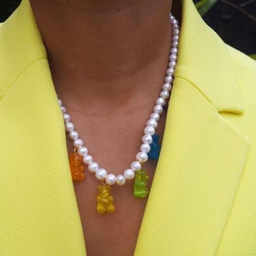 Stonefans Fashion Transparent Bear Pendant Beaded Necklace for Women Cute Pearl Necklace Choker Bear Collar Statement Jewelry