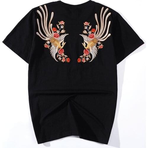 2021 Streetwear Embridery Phoenix Men T-Shirt Short Sleeve Hip Hop Harajuku 100% Cotton Summer Casual Black Shirt Big Size M-4XL