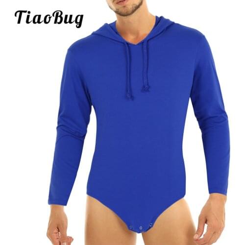 Mens Hooded Dance Leotard Long Sleeve T-Shirt Press Button Crotch Shirt Bodysuit
