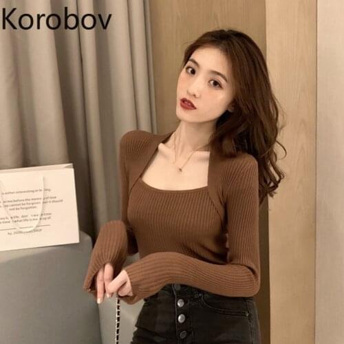 Korobov Bottoming Shirt In Autumn and Winter Wear A Top 2020 New Fake Two-piece Slim and Thin Long-sleeved Square Neck Sweater
