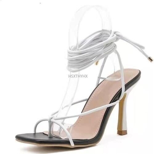 2021 New New Fashion Sexy Lace Up Women Sandals Square Toe Thin Heel Cross Tied Party Shoes High Heel 9CM Black White Size 35-42
