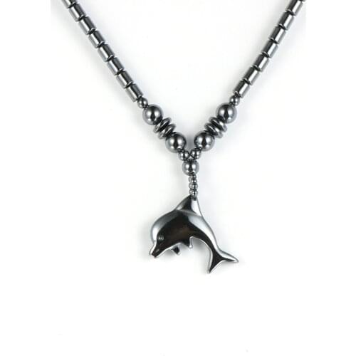 Unisex Men Women Natural Stone Black Hematite Cute Dolphin Pendant Necklace 18" Beaded Choker Necklaces 2020 Female Jewelry Gift