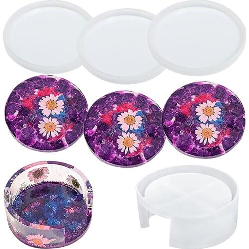 4pcs/set Drink Coasters With Holder Resin Mold Round Coaster Set Diy Tabletop Protection Soap Box Home Decorations Diy Crafts