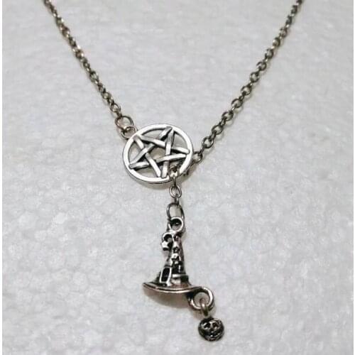 Double Pentagram Star Wiccan Pentacle Witch hat Cross Lariat Pendant Adjustable Necklace Jewelry Gift for Women Men Gifts