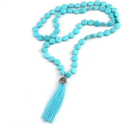 Free Shipping Fashio Artisan Halsband Flat Blue Stone Knotted Crystal Pave Tassel Pendant Necklaces