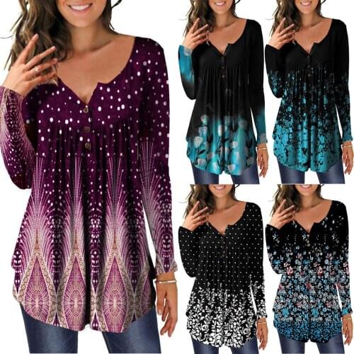 V-neck Sexy Patchwork Blouse Fashion Women Oversize Shirt Printed Buttons Long Sleeve Asymmetric Hem Top Лонгслив Clothes