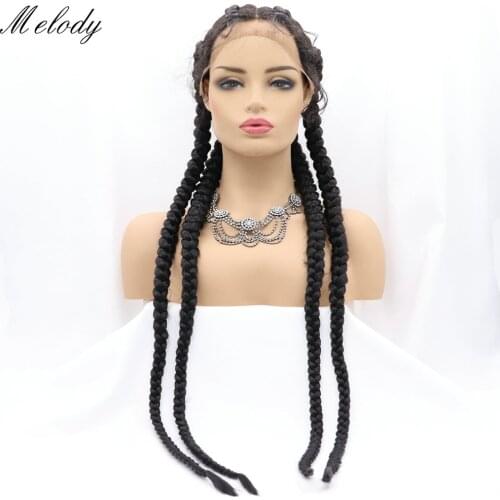 Melody Synthetic Lace Front Wigs Handmade Long Box 4 Braids with Baby Hair 1B#Natural Black for Women Natural Looking Drag Queen