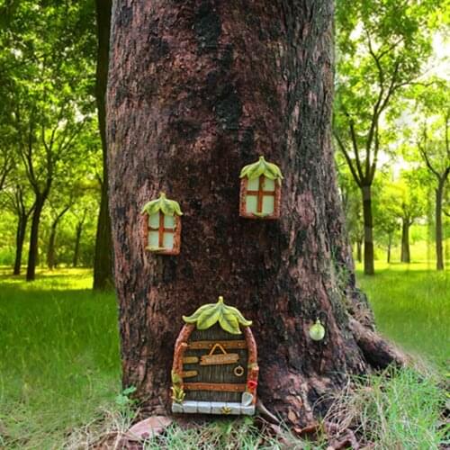 Fairy Garden Door Windows Lamp Kit Outdoor Tree Decoration Statue Sculpture