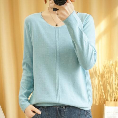SZDYQH 100% Cotton Knitted Sweater Womens Pullovers V-neck Long Sleeve Thin Loose Jumper Female Shirt Solid Soft Tops Oversize