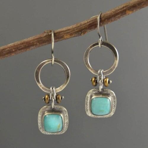 Vintage Geometric Turquoises Earrings Boho Jewelry Silver Color Hollow Circle Square Natural Stone Dangle Earring