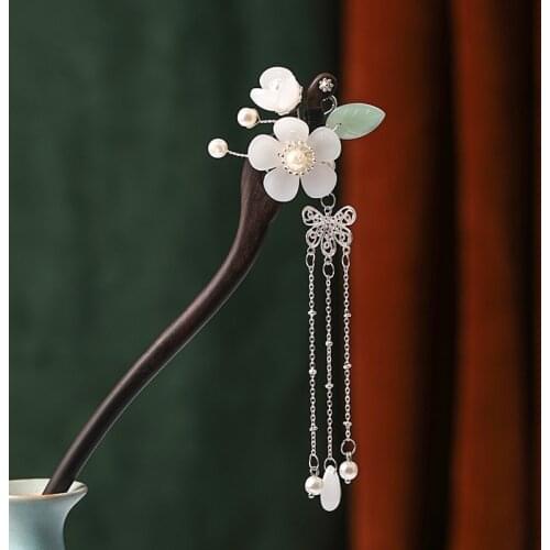 Vintage Chinese Chopsticks Style Flower Wooden Hairpins Clips Tassel Pearl Hair Forks Sticks Hair Styling Decor Jewelry FORSEVEN